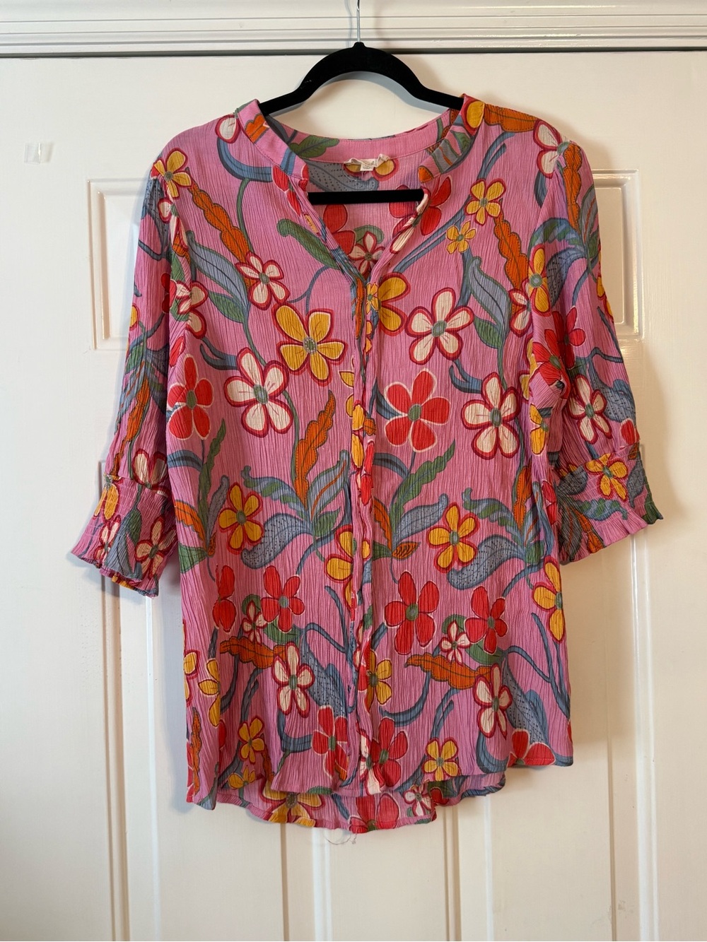 easel Pink Floral Button-Front Blouse with Multicolor Blooms